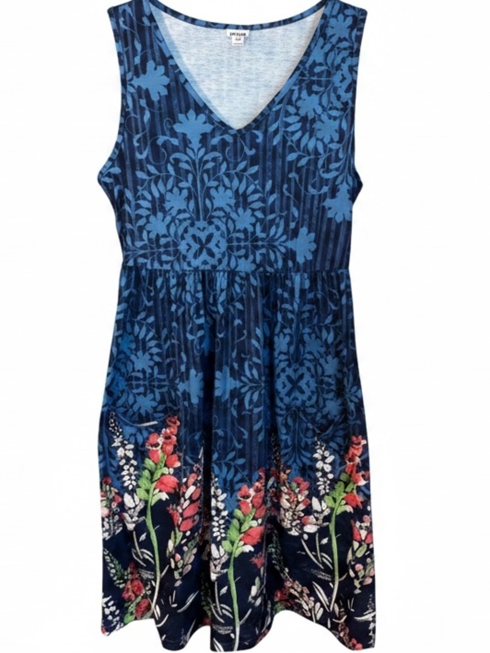 Cottagecore Garden Floral Blue V-Neck Midi Sleeveless Dress with Pockets